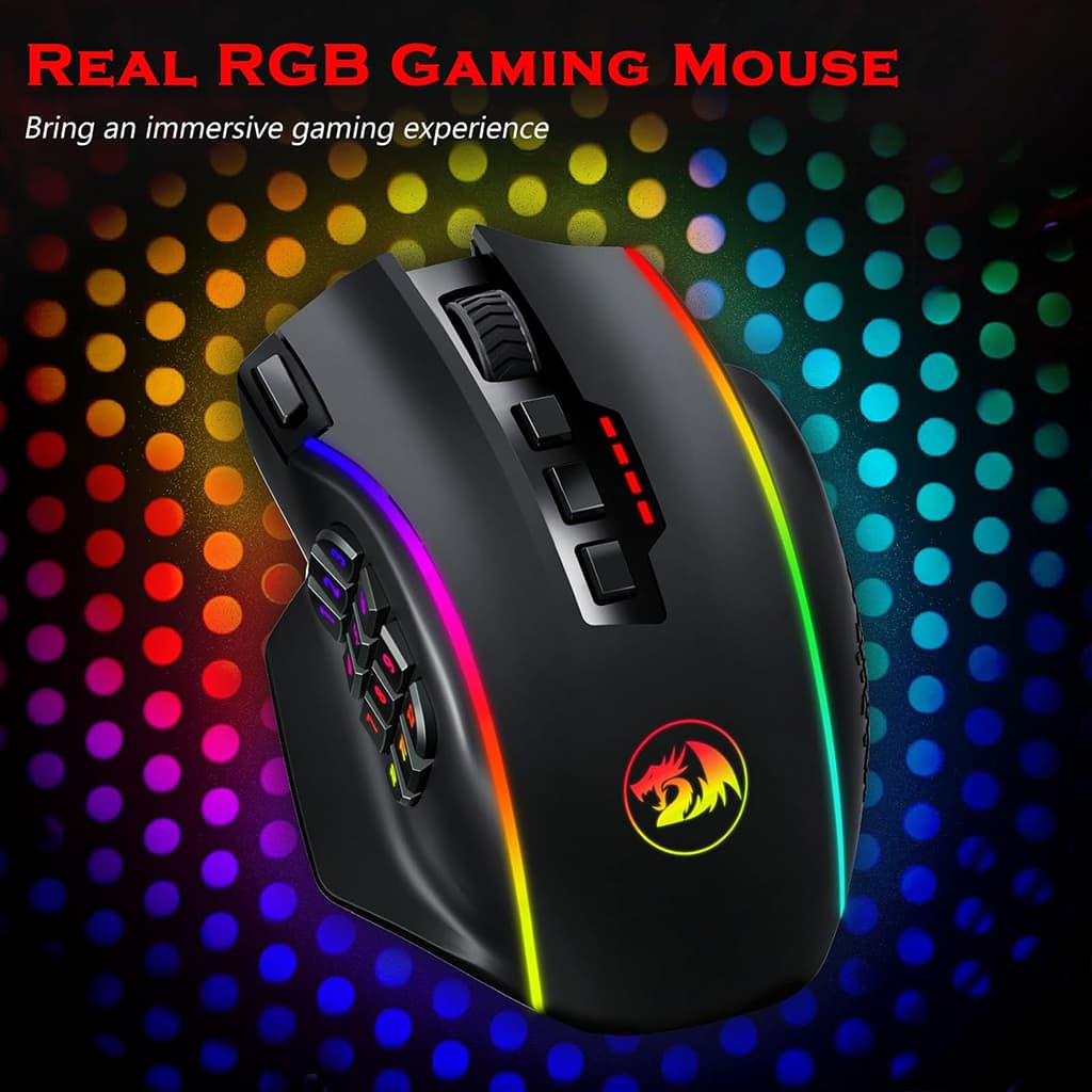 Image highlighting the immersive RGB lighting on the Redragon M901P-KS Perdition black gaming mouse