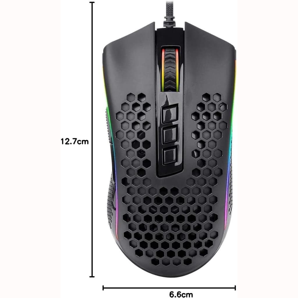 Top view of the Redragon M988 Storm Elite Black RGB gaming mouse with dimensions labeled: 12.7 cm length and 6.6 cm width