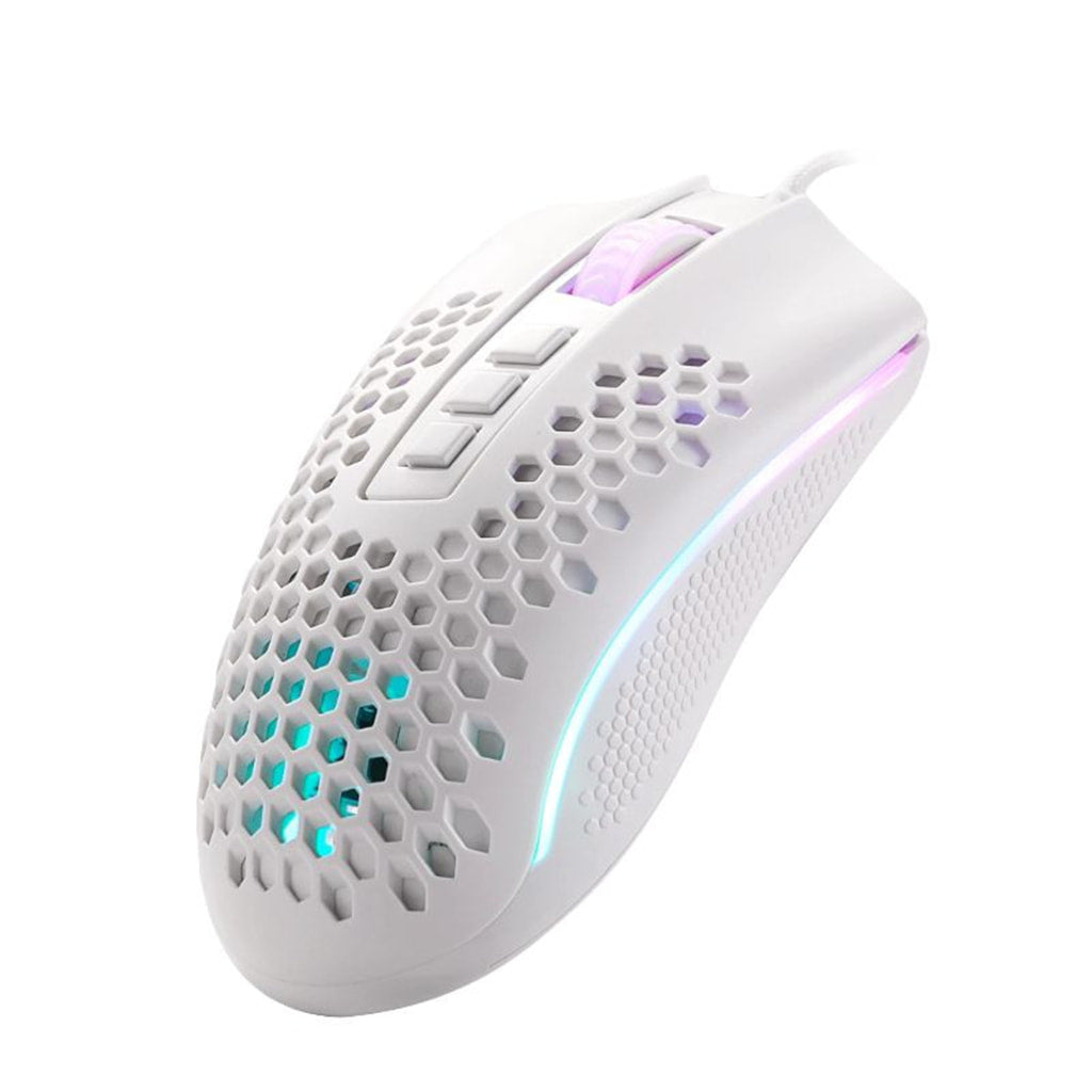 Redragon M988W Storm Elite White RGB gaming mouse, showing left side with honeycomb pattern & illuminated RGB strip & side buttons