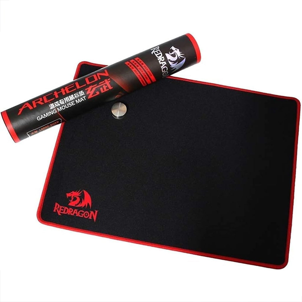 Redragon P002 Archelon Black Gaming Mousepad with red stitched edges and Redragon logo, shown next to its branded packaging tube