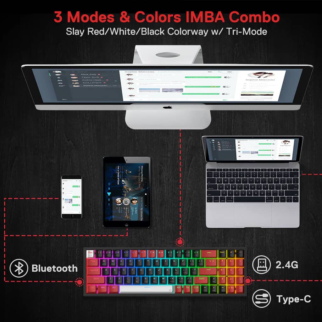 Redragon Pollux Pro K628 RGB Mechanical Keyboard displaying various Connectivity modes