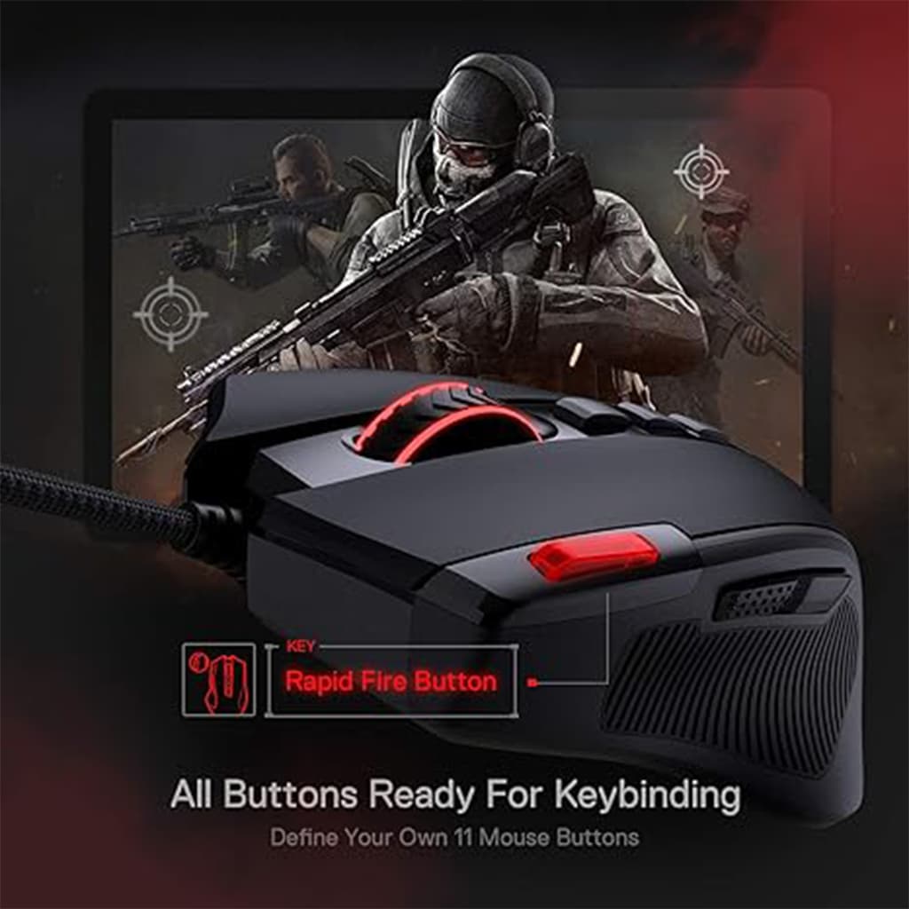 Redragon M612 Predator Black RGB Mouse showing its Rapid Fire feature and customization options for all 11 buttons in a gaming scenario