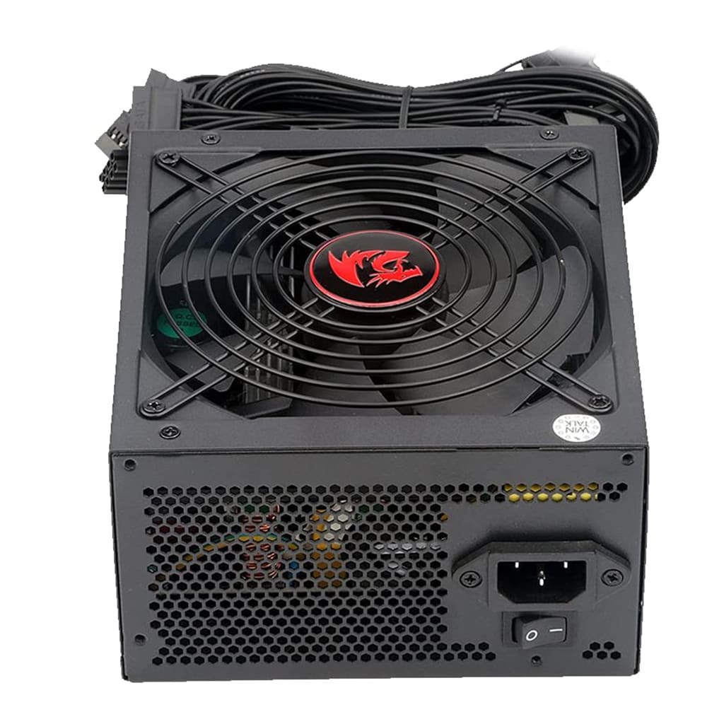 Black Redragon 600W power supply unit featuring a top-mounted cooling fan, power input & switch, ventilation grills & attached cables