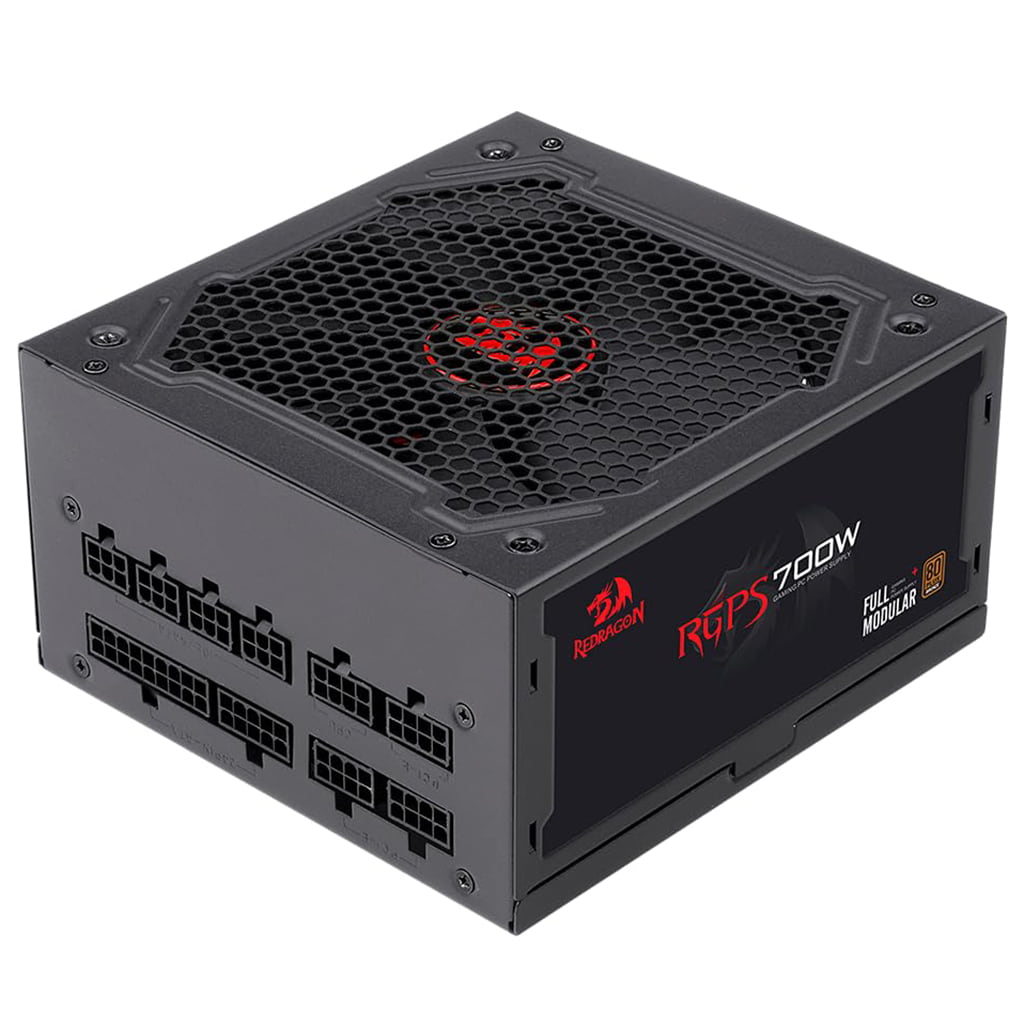 Redragon RGPS 700W 80 Plus Bronze Fully Modular ATX Gaming PC Power Supply, top-angled view showing fan and modular ports