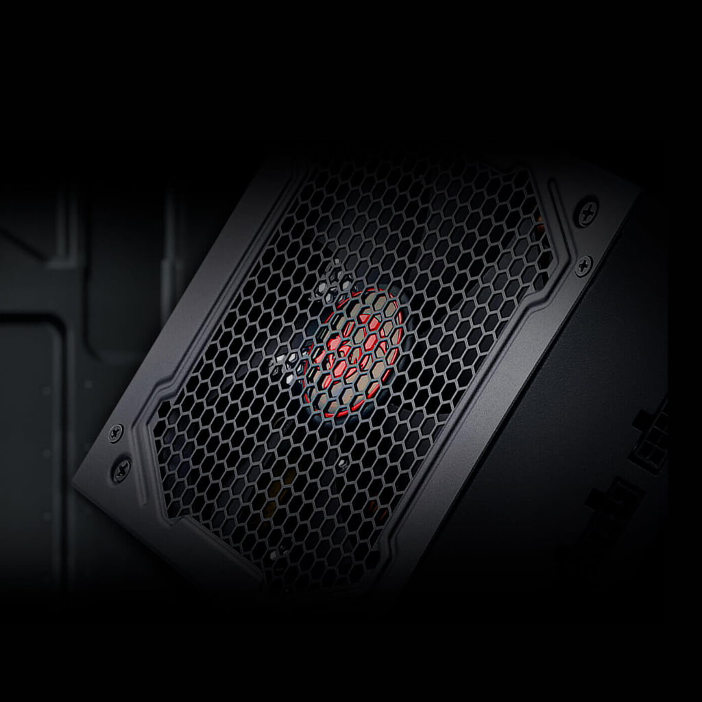 Close-up of the fan grille on the Redragon RGPS GC-PS011 800W power supply, showing the ventilation design and a red fan