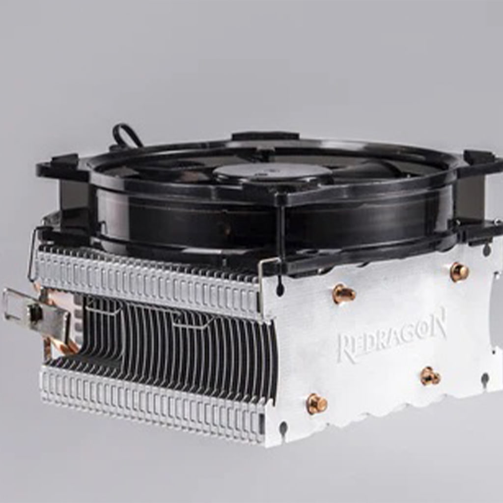 A Redragon CC-1011 CPU cooler featuring a black top fan and silver heatsink with copper accents, designed for efficient heat dissipation.