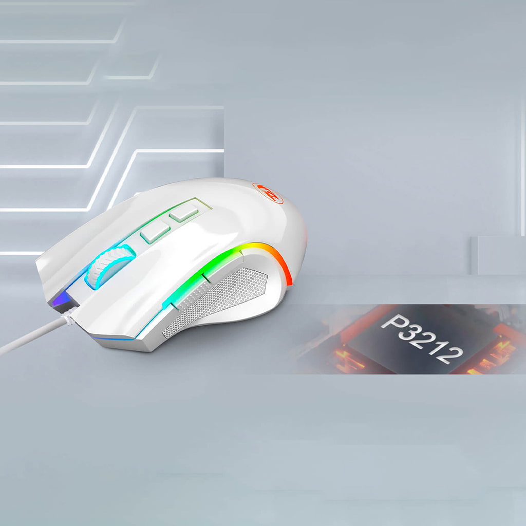 Image highlighting the P3212 sensor in the Redragon M607W Griffin White RGB gaming mouse part of S129W Combo 3-in-1
