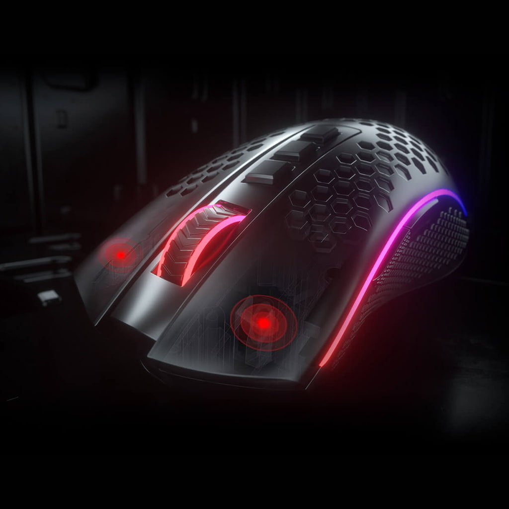 Redragon M808 Storm Pro Black wireless gaming mouse showcasing the glowing buttons, scroll wheel, and customizable RGB light