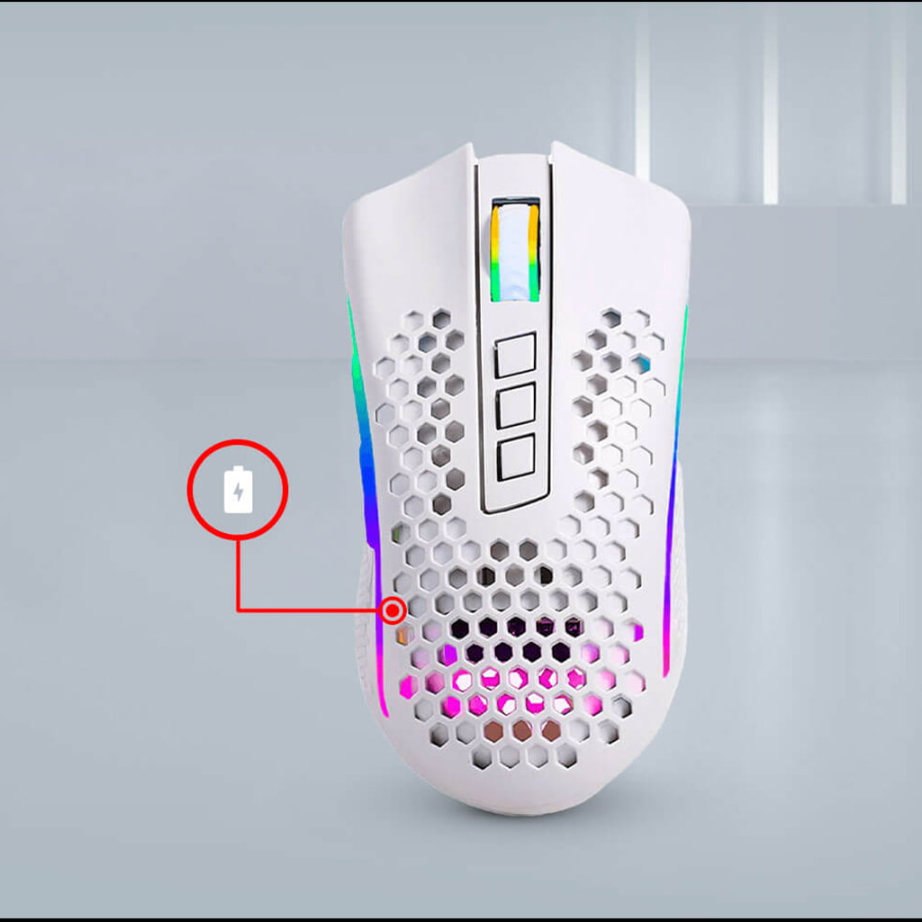 Redragon STORM PRO gaming mouse with visible internal components through the honeycomb design & a graphic indicating battery status