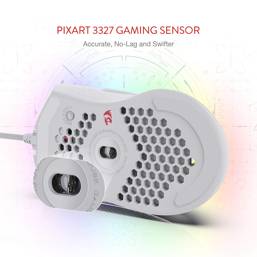 White Redragon Storm M808 gaming mouse, highlighting the Accurate, No-Lag, and Swifter Pixart 3327 Gaming Sensor