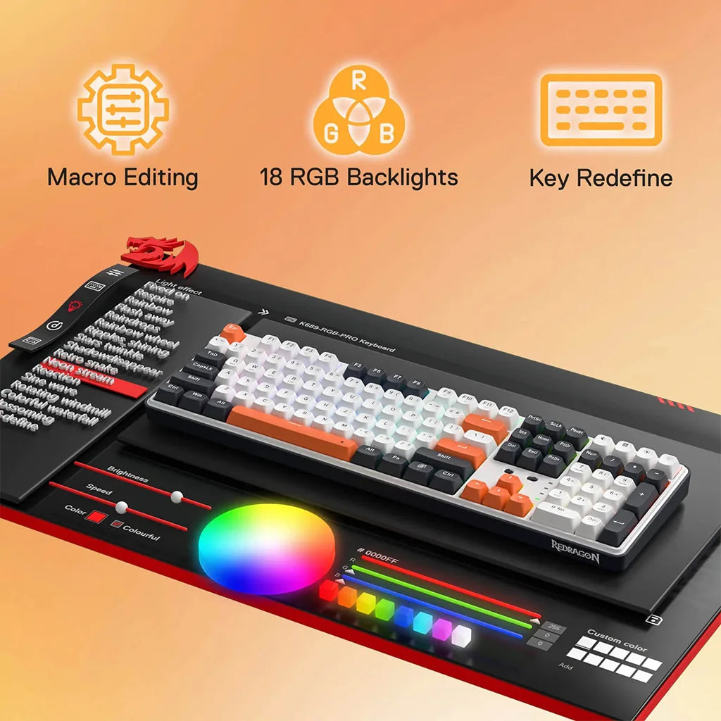 Keyboard with RGB backlighting and customization features on an orange background