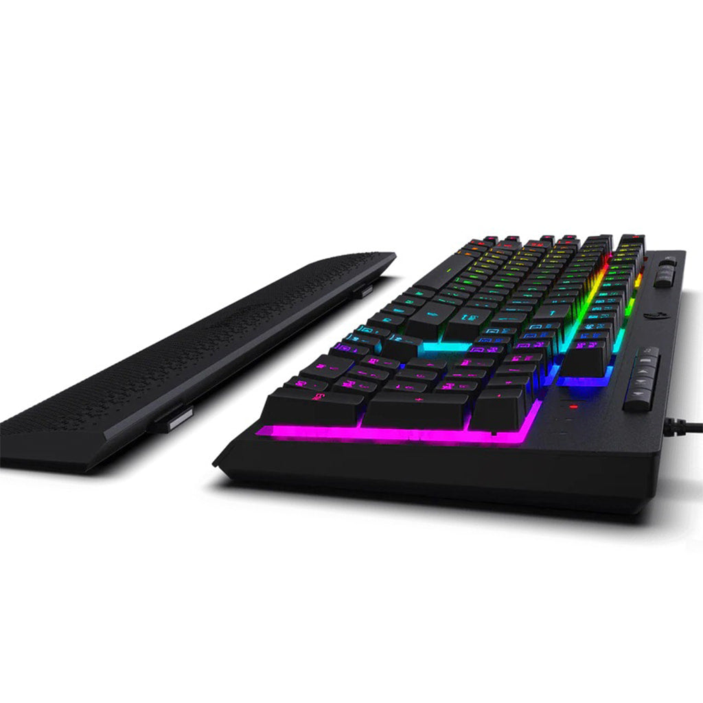 Redragon K512 Shiva RGB membrane gaming keyboard (black) from the side, displaying its profile, detachable wrist rest, and vibrant side lighting.