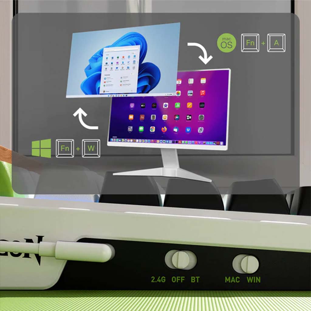 Computer monitor with dual screens displaying different operating systems, with a brand logo visible.