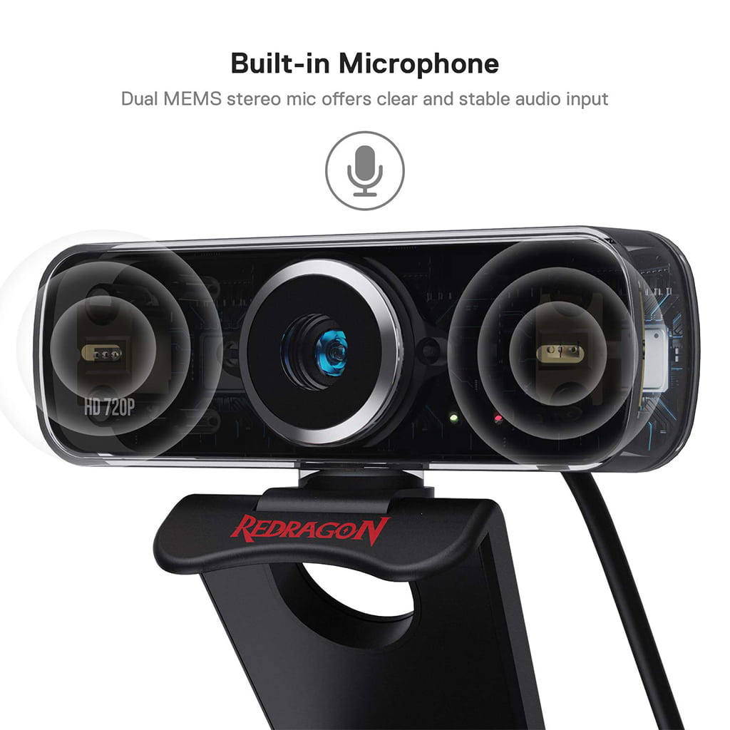 Close-up of Redragon gw 600 webcam featuring a built-in microphone. The webcam is labeled HD 720P & dual MEMS stereo mics for clear audio input.
