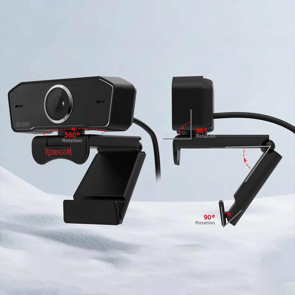 Redragon GW 800 webcam with a clip mount is shown from two angles, rotate 360 degrees horizontally and 90 degrees vertically