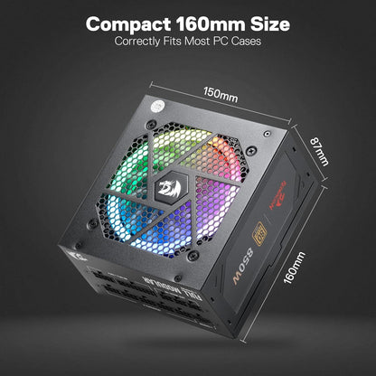 Redragon PSU007 80+ Gold 850 Watt ATX Fully Modular Power Supply w/ 80 Plus Gold Certified, Compact 160mm Size and Low Noise RGB Fan 0 RPM, 100% Japanese Capacitors, Full Mod Cables