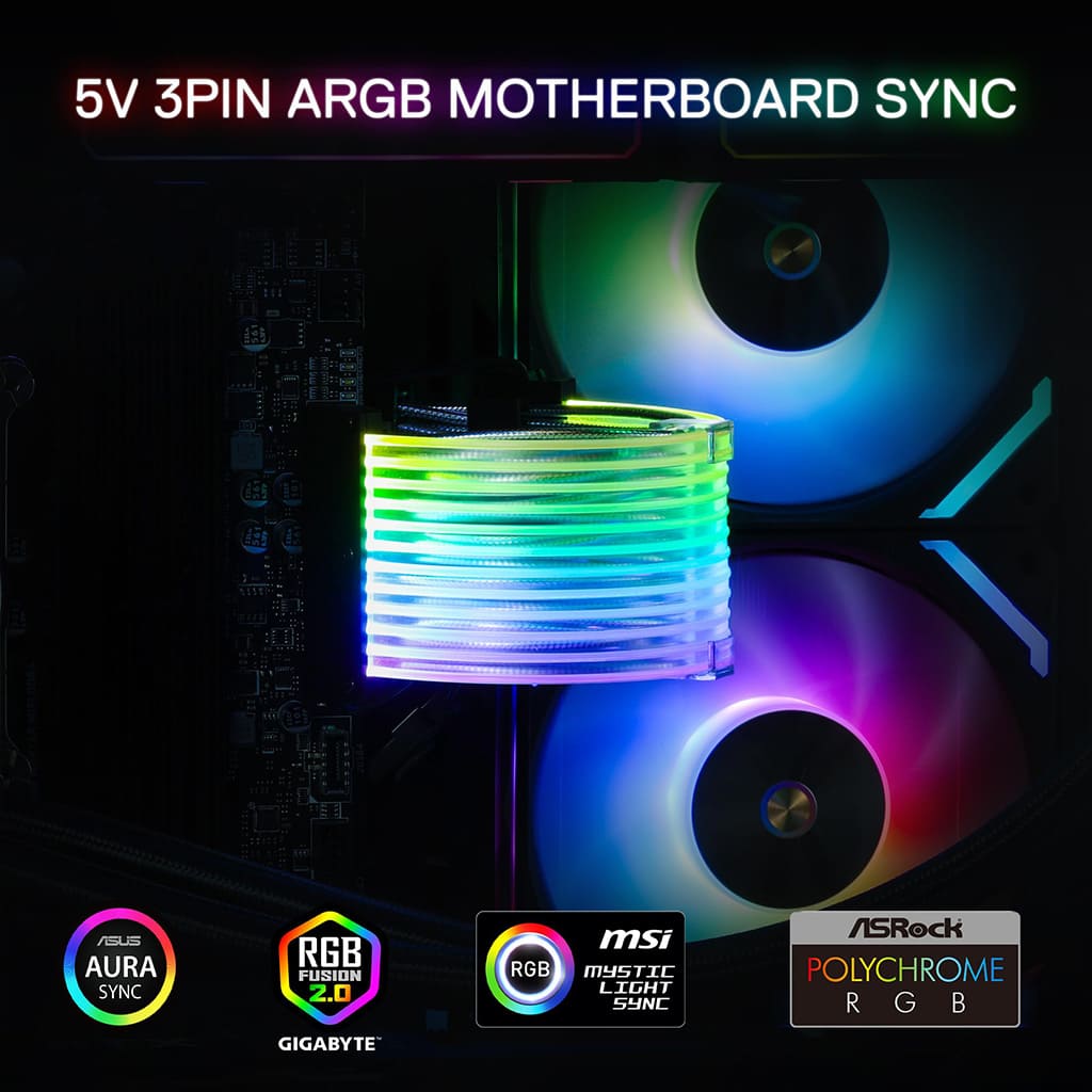 A Redragon GCP06 computer motherboard with RGB-lit cooling fans and cables, showcasing colorful lighting effects