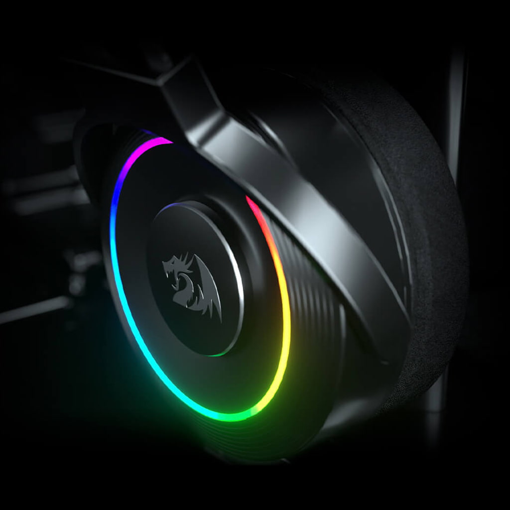 Close-up of the Redragon H320 Lamia 2 Black gaming headset earcup showing the illuminated RGB ring around the Redragon logo