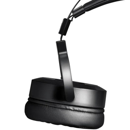 Close up view of Redragon H320 Lamia 2 Black gaming headset shows plush padded black earcup flexibility.

