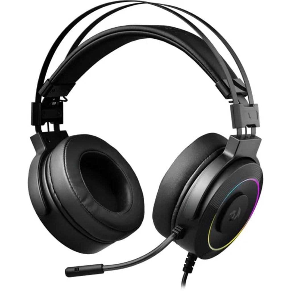 Right Side view of Redragon H320 Lamia 2 Black gaming headset featuring RGB, comfortable padded earcups & a self-adjusting headband.


