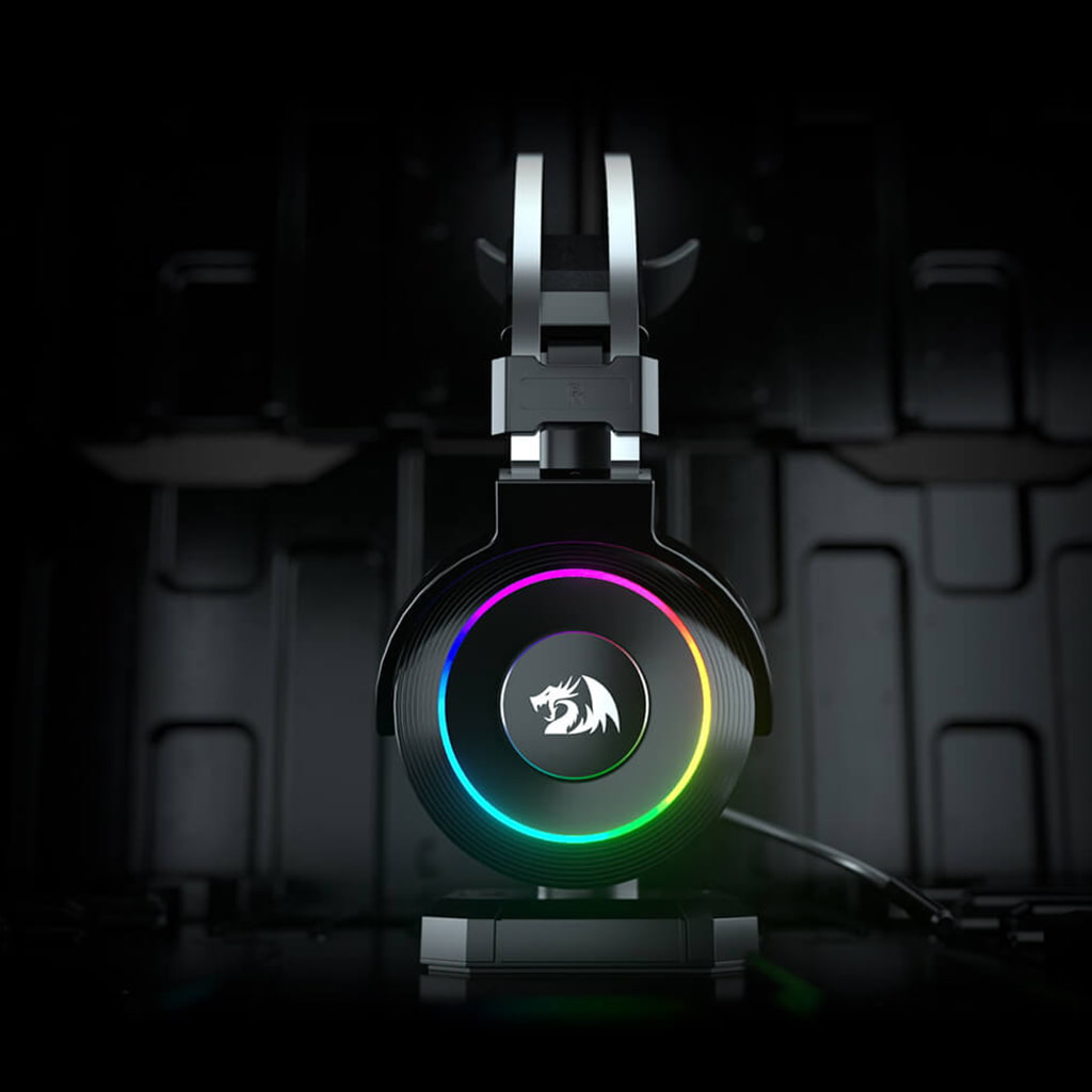 Redragon H320 Lamia 2 Black gaming headset featuring RGB lighting, comfortable padded black earcups & a self-adjusting suspension headband