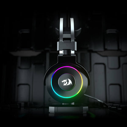 Redragon H320 Lamia 2 Black gaming headset featuring RGB lighting, comfortable padded black earcups & a self-adjusting suspension headband