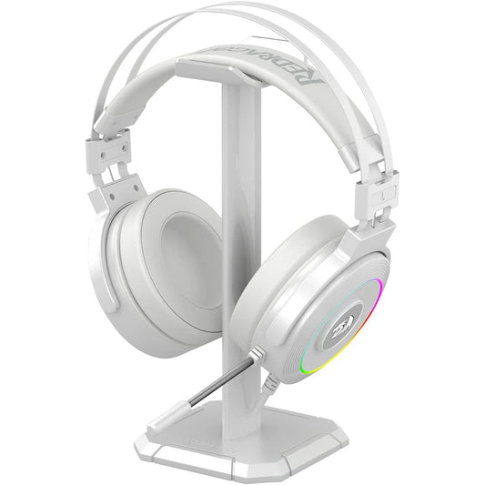 Redragon H320 White gaming headset with RGB lighting on a stand against a white background