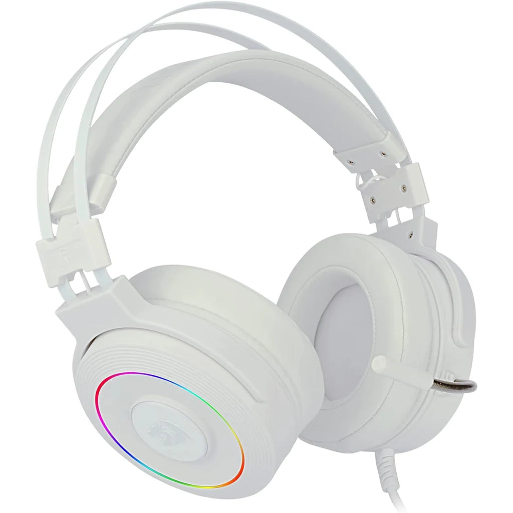 Redragon H320W Lamia 2 White gaming headset featuring RGB lighting on earcups & a white and grey padded design.