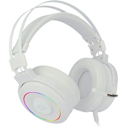 Redragon H320W Lamia 2 White gaming headset featuring RGB lighting on earcups & a white and grey padded design.