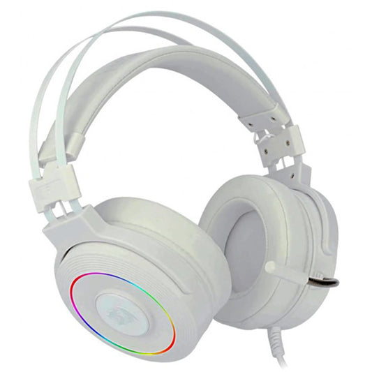 Redragon H320W Lamia 2 White gaming headset featuring RGB lighting on earcups & a white and grey padded design.