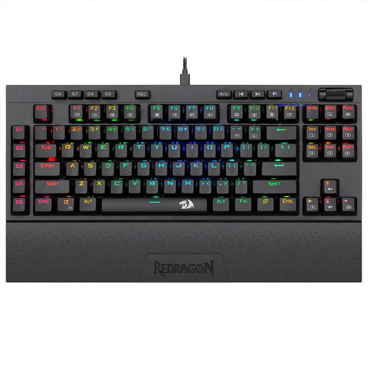 Redragon K588 Mechanical Keyboard showcasing its vibrant key lighting, round macro keys & media control buttons with volume wheel