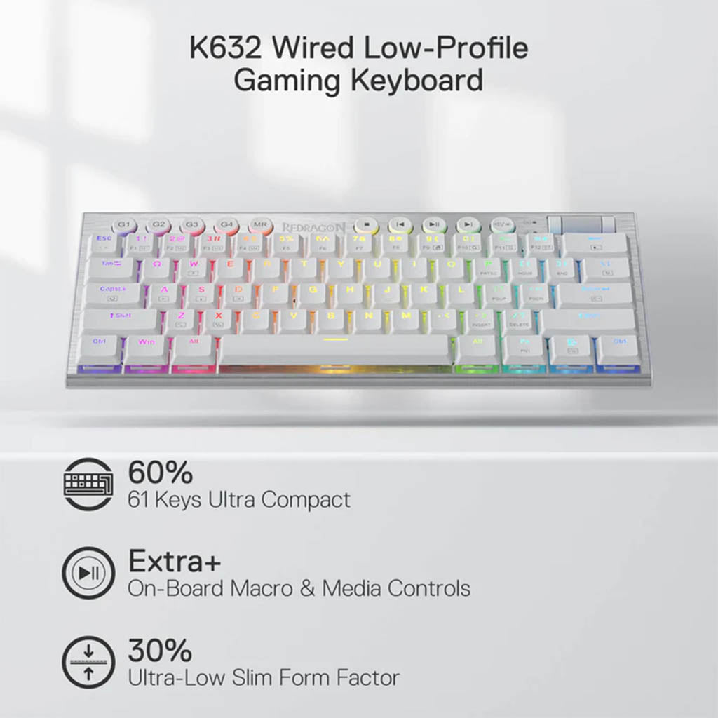 Redragon K632 White Horus Mini RGB keyboard has dedicated media keys with 61 TKL keys