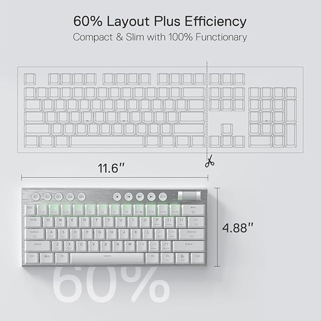 Redragon K632 white RGB Mechanical Keyboard's compact 60% layout (11.6" x 4.88"), featuring 4 macro keys, media controls & a scroll wheel