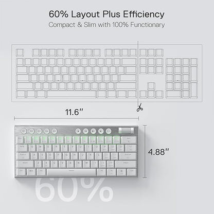 Redragon K632 white RGB Mechanical Keyboard's compact 60% layout (11.6" x 4.88"), featuring 4 macro keys, media controls & a scroll wheel