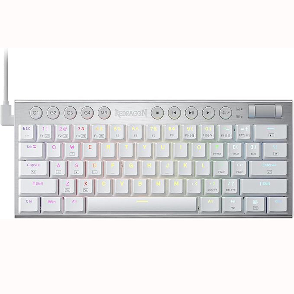 Redragon K632 White RGB Mechanical Gaming Keyboard featuring vibrant RGB lighting, round shape media controls & macros keys 