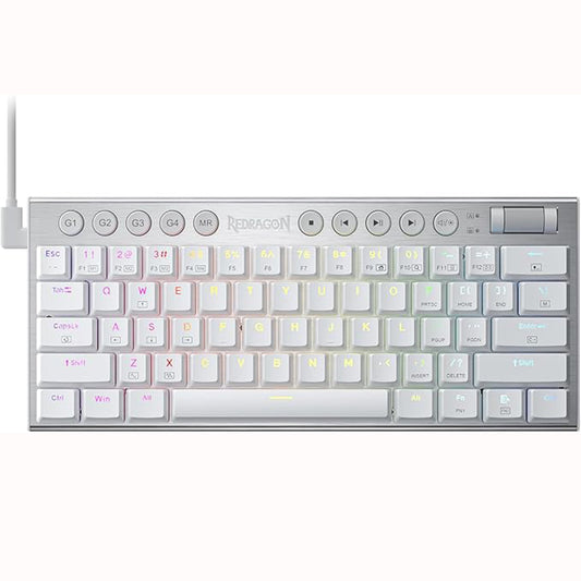 Redragon K632 White RGB Mechanical Gaming Keyboard featuring vibrant RGB lighting, round shape media controls & macros keys 