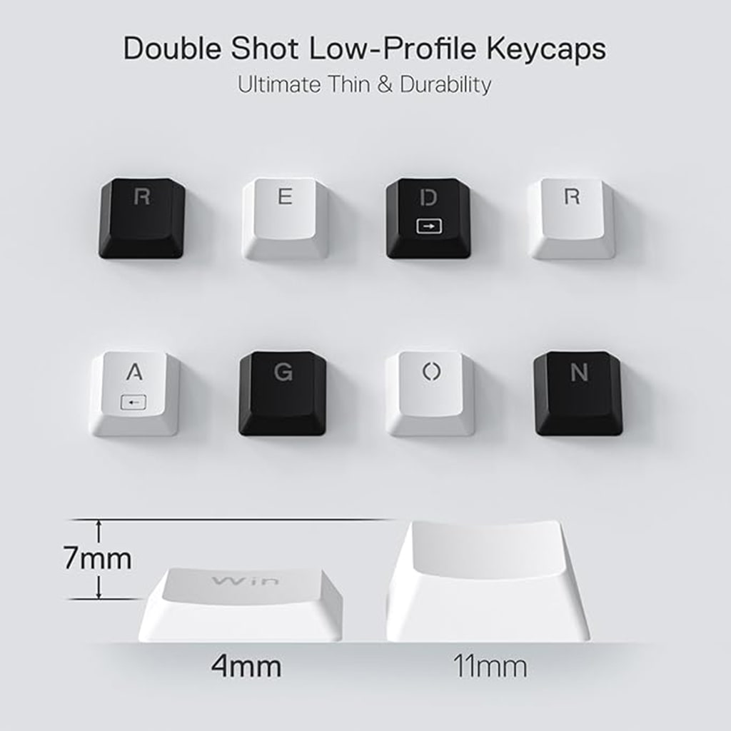 Redragon K632W RGB low-profile keycaps, highlighting their thin & durable design with a size comparison of 7mm vs 11mm height