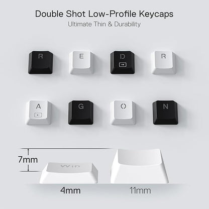 Redragon K632W RGB low-profile keycaps, highlighting their thin & durable design with a size comparison of 7mm vs 11mm height