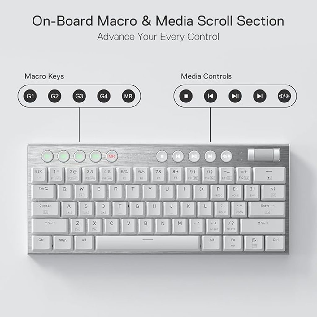 Redragon K632 White RGB Mechanical Gaming Keyboard featuring  round shape media controls, volume wheel & macros keys 