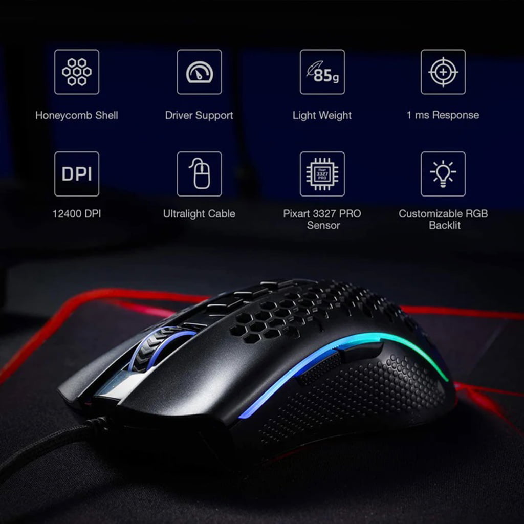 Redragon Storm M808 Black displaying icons & text for features like Honeycomb Shell, 85g Light Weight, 1ms Response, 12400 DPI & Customizable RGB