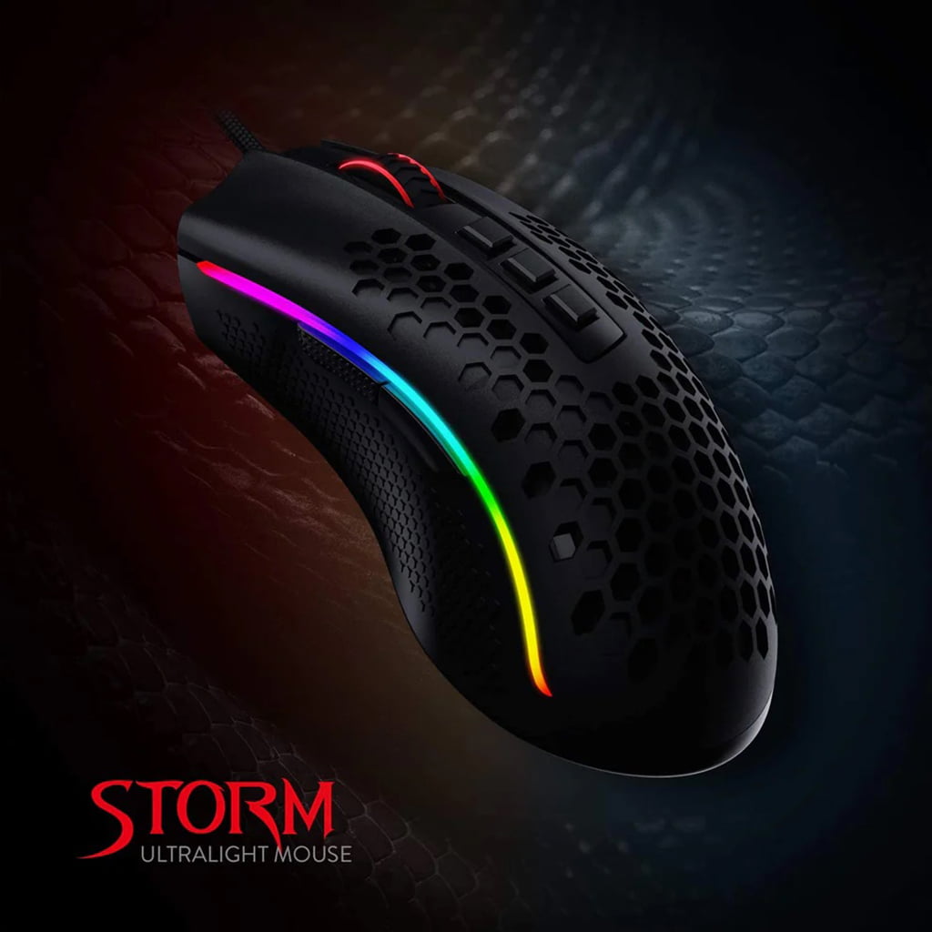 Black Redragon Storm M808 gaming mouse from the front, showing the ultralight honeycomb shell and vibrant RGB lighting