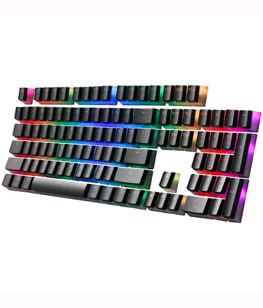 Full set of Redragon A130 Scarab black pudding keycaps showing the translucent bottoms illuminated with colorful RGB lighting