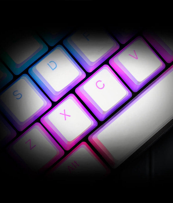 Top angled view of Redragon A130 Scarab pudding keycaps installed on a keyboard, illuminated by colorful RGB backlighting