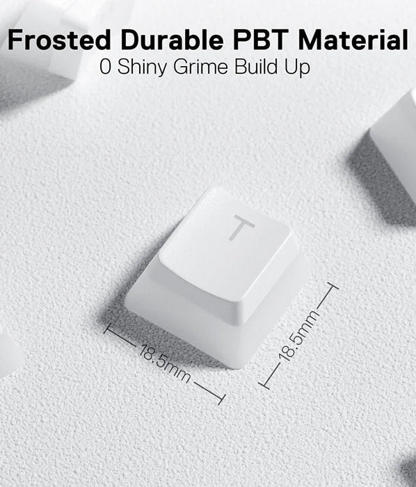 Close-up of a Redragon A130 Scarab white pudding keycap showing 18.5mm dimensions & frosted durable PBT material that resists grime