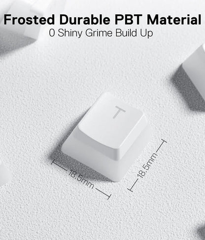 Close-up of a Redragon A130 Scarab white pudding keycap showing 18.5mm dimensions & frosted durable PBT material that resists grime