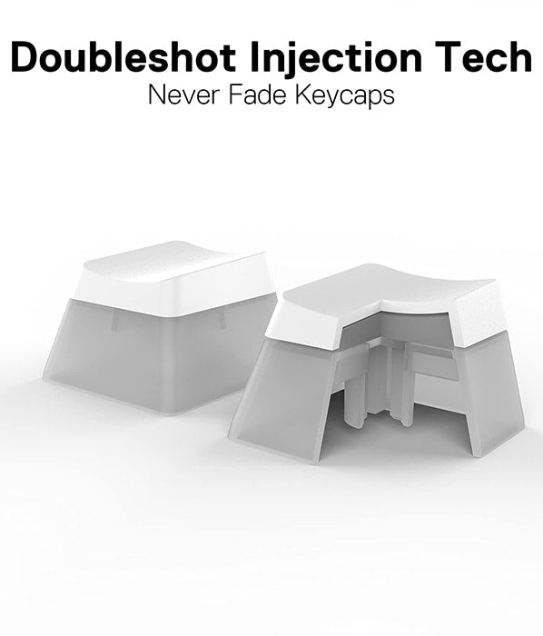 Close-up showing the doubles hot injection technology of Redragon A130 Scarab white pudding keycaps, designed not to fade