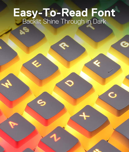 Close-up of Redragon A130 Scarab white pudding keycaps on a backlit keyboard, highlighting the easy-to-read font and shine-through effect