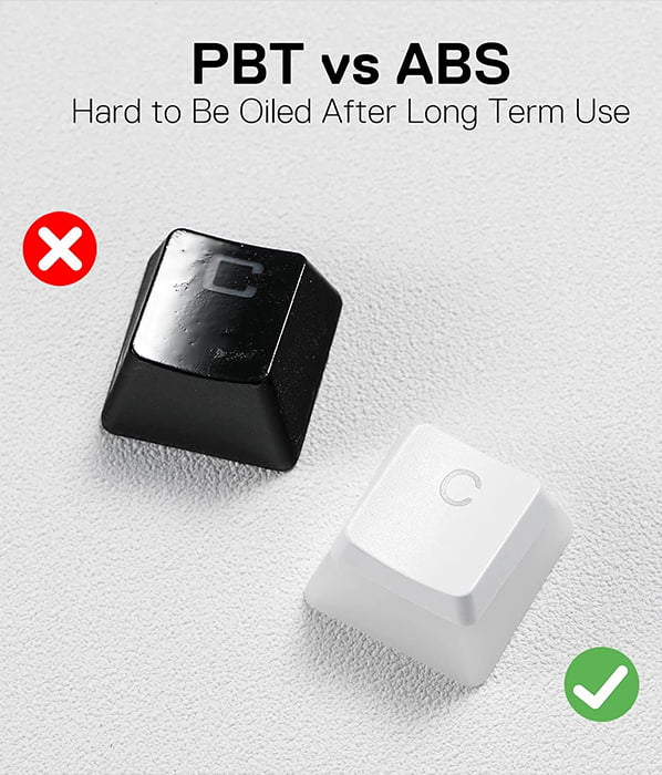 Comparison showing how the durable white PBT material in Redragon A130 Scarab pudding keycaps resists becoming oily after long use