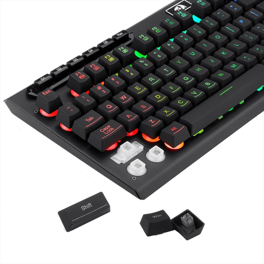 Detailed view of the Redragon K513 Aditya RGB keyboard , highlighting the membrane switch mechanism and illuminated keycap mounts.