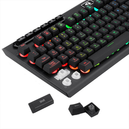 Detailed view of the Redragon K513 Aditya RGB keyboard , highlighting the membrane switch mechanism and illuminated keycap mounts.